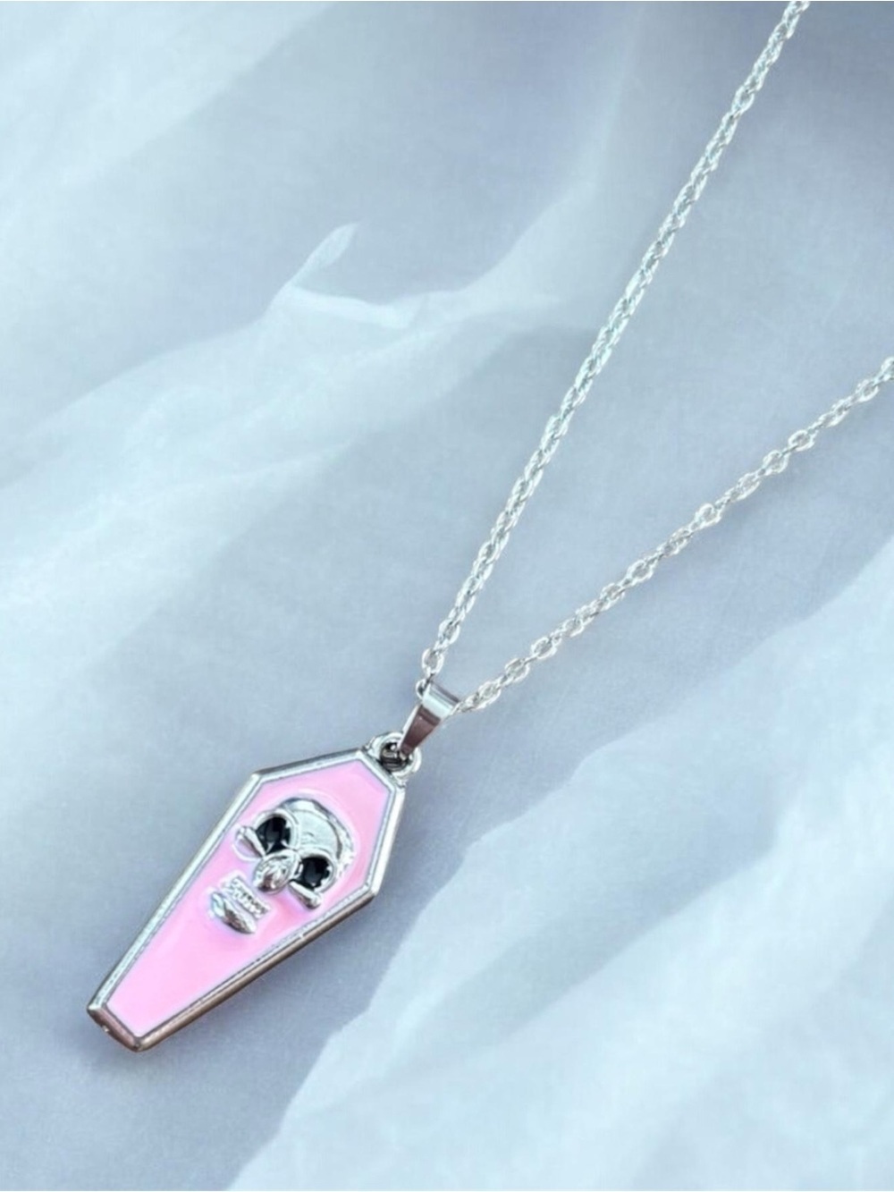 5/$25 Pink Coffin Pendant Necklace with Skull Charm on Stainless Steel Chain